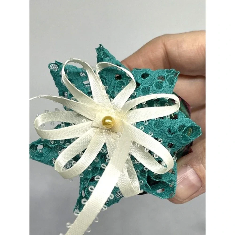 Green Plaid Ribbon and Lace‎ Pine Cone Christmas Ornaments Set of 2 Vintage